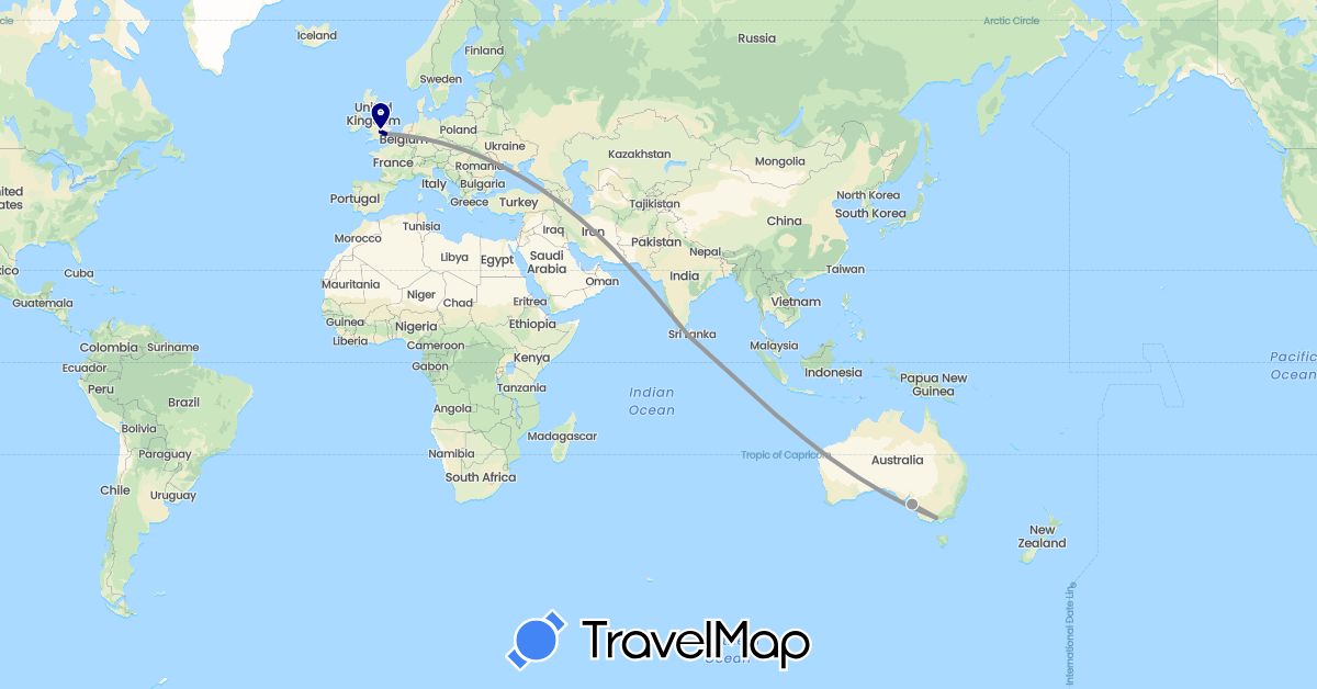 TravelMap itinerary: driving, plane in Australia, United Kingdom, Sri Lanka (Asia, Europe, Oceania)